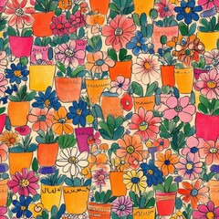 Poster - Vibrant doodle cartoon drawing featuring colorful flowers and pots in a cheerful garden setting