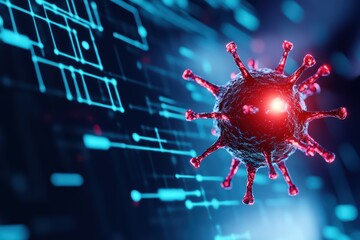 Poster - futuristic visualization of evolving virus in cyberspace with ai elements and digital effects