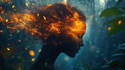 Aufkleber - Surreal depiction of a glowing woman amidst an enchanting forest setting at twilight