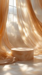 Poster - Gentle sunlight streams through delicate curtains, casting a warm glow on the circular platform. The flowing fabric creates an ethereal atmosphere, evoking peace and creativity
