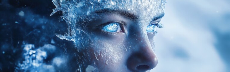 Poster - Surreal portrait blending human features with icy textures and brilliant blue eyes in a mystical winter landscape