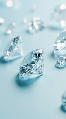 Poster - Sleek and minimalistic design featuring sparkling diamonds scattered across a smooth light blue surface