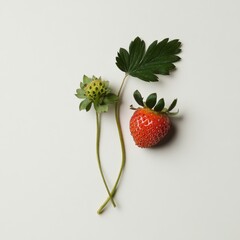 Poster - Ripe strawberry with green leaves showcasing freshness and vibrant color against a neutral background