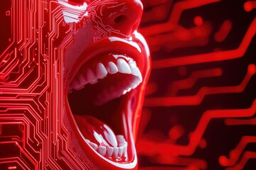 Poster - Tech-Inspired Artwork of a Face with Circuitry and Digital Elements in a Red Cyber Environment