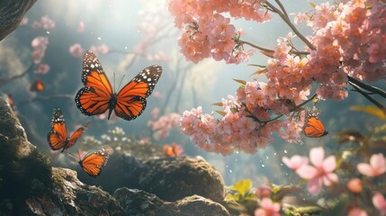 Aufkleber - Serene spring garden filled with orange-tip butterflies and blooming cherry blossoms