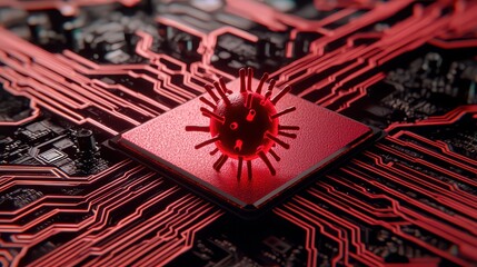 Poster - Futuristic Cyber Virus Infecting System in Red, Conceptual Digital Attack Representation