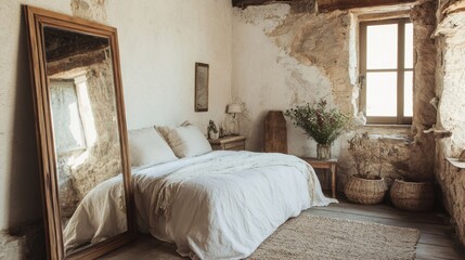 Aufkleber - Rustic bedroom featuring a large antique mirror and natural decor in a vintage setting