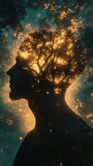 Poster - Mystical silhouette of a man blending with glowing tree in an ethereal forest setting