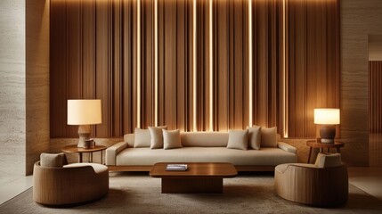 Aufkleber - Modern living room showcases elegant design with vertical wooden accents and warm lighting