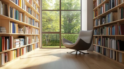 Aufkleber - Minimalist library with floating shelves and a view of lush greenery