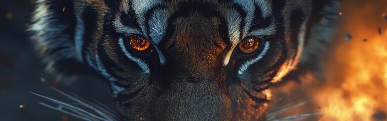 Poster - Incredible macro view of a tiger’s face revealing fierce eyes and striking details in natural habitat