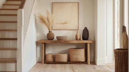 Aufkleber - Stylish hallway featuring a textured console table and natural decor elements in a contemporary home