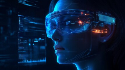 Poster - Under a neon-lit atmosphere, a person with augmented reality goggles engages with digital data and visual interfaces, illustrating the fusion of human capability and technology in a modern setting