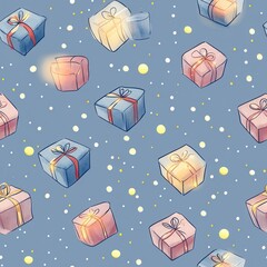 Aufkleber - Charming doodle cartoon watercolor presents wrapped gifts in pastel colors against a soft blue background