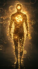 Poster - Conceptual portrayal of a glowing man surrounded by intricate gears in a mystical setting