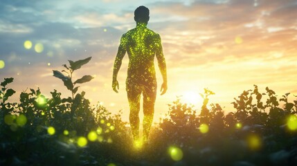 Poster - Man glowing with energy in a lush field at sunset, embracing nature's beauty and tranquility around him