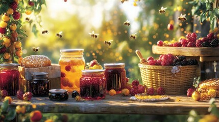 Poster - Cheerful fruit jam stand adorned with honeybees and fresh produce in a sunny outdoor setting