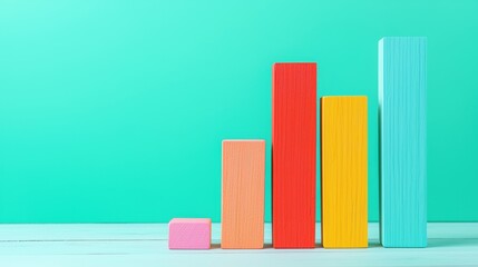Poster - Colorful wooden blocks arranged in ascending order against a teal background, symbolizing growth and progress in a playful and artistic way.