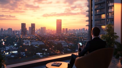 Poster - A professional man relaxes in an elegant chair, engrossed in his smartphone while overlooking a vibrant city skyline at sunset. The warm hues illuminate the buildings and sky