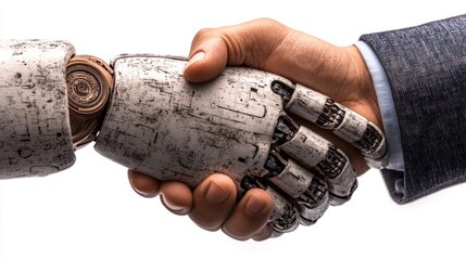 Poster - The fusion of human and robotic elements is exemplified by a cyborg handshake, which brings together humanity and mechanical partnership, highlighting the meeting of human touch and stock mechanical