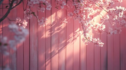 Poster - Beautiful cherry blossoms gracefully hang against a pink wooden wall, their delicate petals illuminated by gentle sunlight, creating calming shadows in the warm spring air