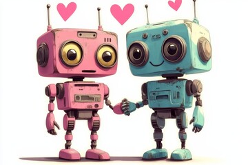 Poster - Robots in love are depicted in a 3D render with a robot couple modern, cute robot character print, and symbols of love, AI, and technology, including hearts and colorful child art, often used in