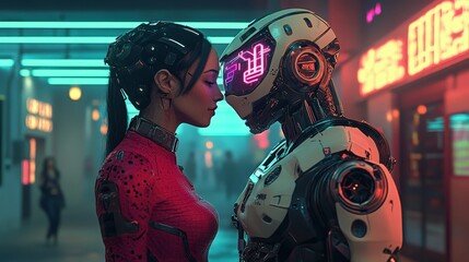 Poster - The concept of a human and robot couple is depicted through love and hugs, as well as a robotic man and woman embracing and kissing, highlighting the relationship between humans and machines in a