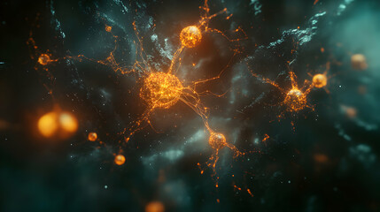 Poster - Detailed rendering of neuron cells interconnected across a vast network conceptual image