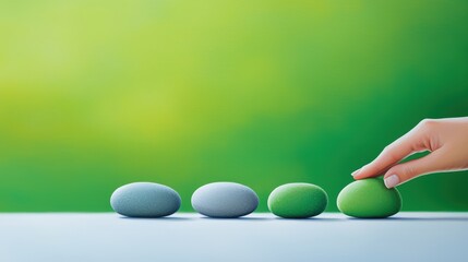 Poster - A hand adjusts colored stones against a soft green backdrop, symbolizing balance and harmony in a serene setting.