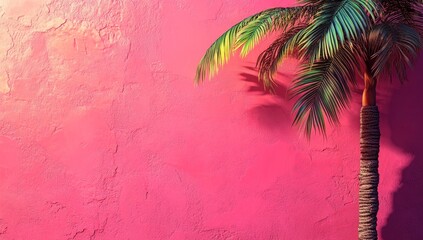 Fototapete - The scene of a summer beach day is captured with a tropical arrangement and palm tree shadows on a pink background with minimal sunlight