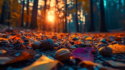 Fototapete - A seasonal concept depicted through a colorful and artistic arrangement of autumn leaves in a flat lay composition