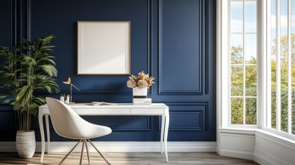 Poster - Bright sunlight floods a chic home office, highlighting a white desk adorned with a vase of dried flowers. A cozy chair invites creativity while lush greenery adds a touch of nature to the space