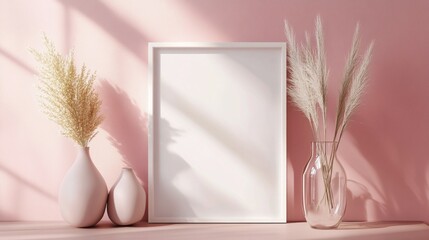 Poster - Delicate vases with soft lines hold wisps of pampas grass, creating an airy atmosphere. Sunlight streams in, casting gentle shadows on the blush pink wall, enhancing tranquility