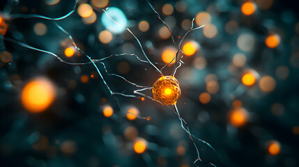 Poster - Neural Pathway Visualization Glowing Neuron with Synaptic Connections and Light Emission