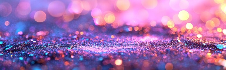 Poster - A festive abstract Christmas background featuring golden bokeh lights, pink, and purple is suitable for New Year, Anniversary, banner, header, or panorama