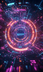 Poster - Digital portal visualization with glowing neon circles and abstract geometric patterns.