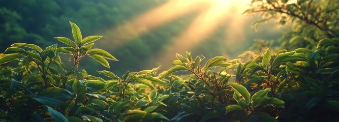 Fototapete - Green blurred bokeh lights form the backdrop of an abstract spring and summer banner