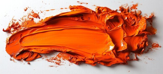 Poster - On a white background, isolated strokes of an orange paint brush are accompanied by acrylic paint smears