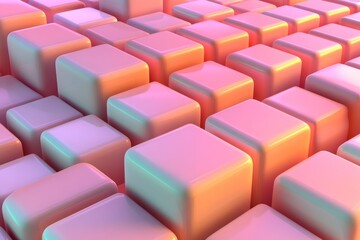 Poster - The image depicts many white cubes in an isometric 3D rendering, with a minimalist aesthetic, under the glow of orange, pink, and blue lights, all generated by AI