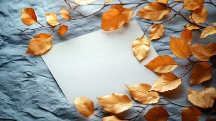 Poster - Golden leaves gracefully frame a piece of blank paper resting on textured gray fabric, evoking a peaceful autumn atmosphere and inviting creativity