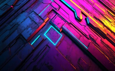  - A visual representation of neon shapes in violet purple and blue, characterized by arrow and triangle styles, illuminated against a wall background, generated using AI technology