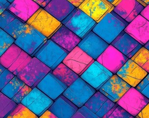 Poster - The illustration features a repeating pattern of colorful squares, mainly in shades of violet and purple, set against a textured background of pink tiles, available as stock