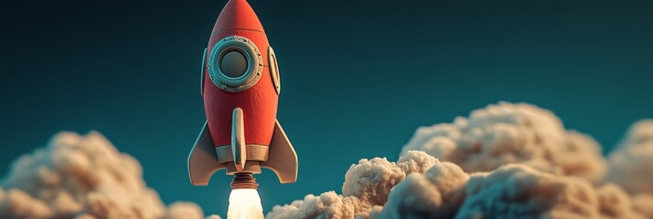 Poster - At night, a pink space rocket is blasting off from a planet, enveloped in fire and smoke, in a red illustration of spacecraft created using AI