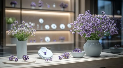 Poster - Vibrant lavender flowers fill elegant vases, complementing stunning jewelry showcased in an upscale boutique setting. The serene atmosphere enhances the beauty of both floral and crafted artistry
