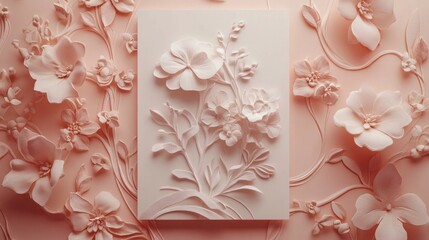Poster - A stunning display of floral relief art rests against a textured pastel backdrop, highlighting the beauty of nature through intricate designs and soft colors, evoking tranquility and elegance