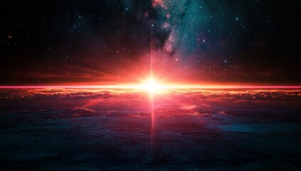 Poster - In the depths of the dark universe, a resplendent light bursts forth, crafting a blue horizon