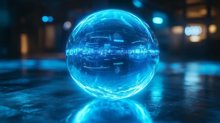 Poster - A mesmerizing blue orb captures the essence of a vibrant cityscape, reflecting the intricate neon lights and structures around it. The night scene evokes a sense of wonder and innovation