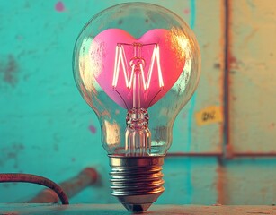 Fototapete - Against a soft pink backdrop, a pink light bulb shines with a heart-shaped glowing filament, symbolizing love on romantic holidays