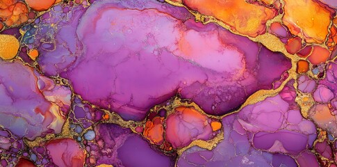 Poster - The combination of purple, orange, and gold in an alcohol ink painting results in an abstract background that can be used in a variety of design projects