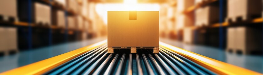 Poster - Advanced Robotic Warehouse with Glowing Conveyor Belt and Box in Focus